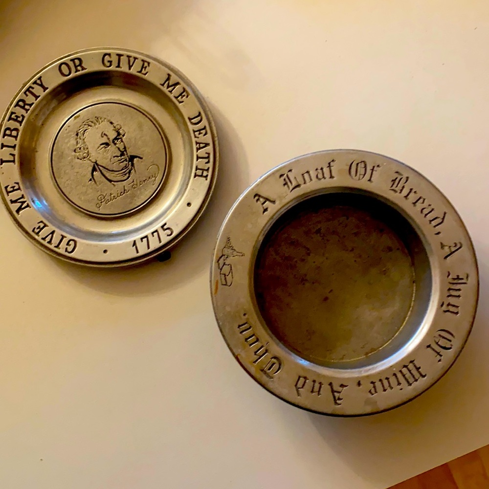 Two pewter silver color heavy metal dishes